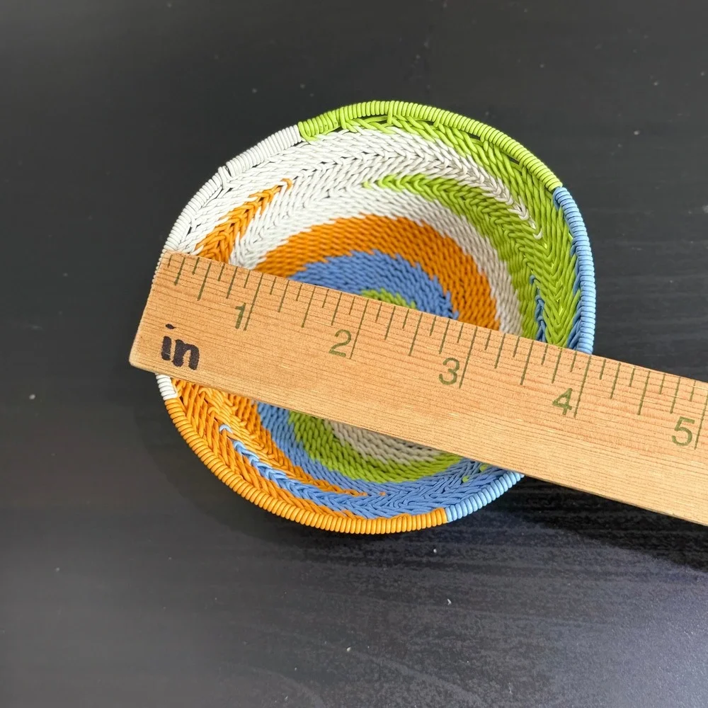 Zulu Telephone Wire Basket Spiral Design Small Woven Bowl Orange Blue Green 4.5